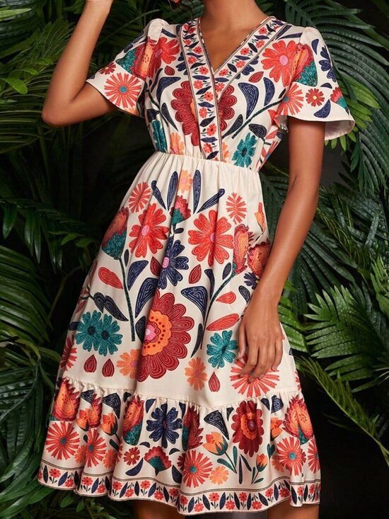 MODA ME COUTURE Dresses & Skirts - Multicolor Boho Women's Floral Print Butterfly Sleeve midi  Dress